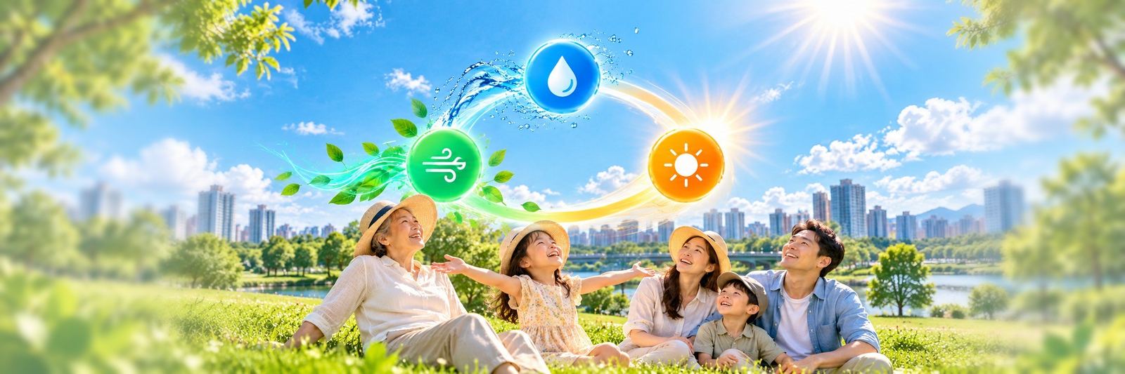 공원 잔디밭에서 햇볕을 쬐는 가족과 공기, 물, 햇빛 아이콘